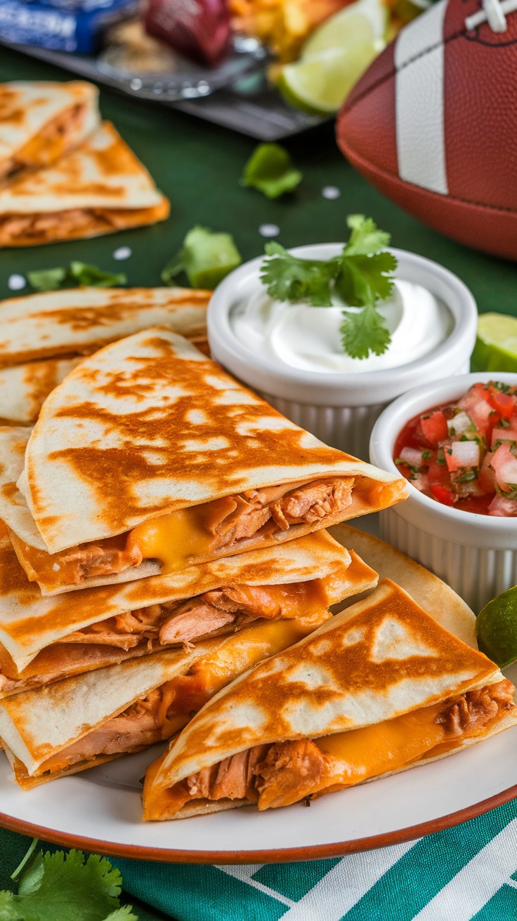 BBQ Chicken Quesadillas on a plate, with cheese melting, served with sour cream and salsa, set in a game day atmosphere.